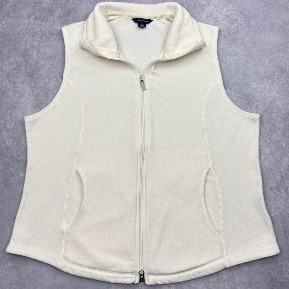 Lands End Vest Womens Large 14 16 Ivory Cream ThermaCheck Fleece Full Zip Jacket